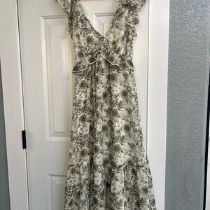 Trixxi Floral Ruffle Midi Dress - Cream and Green